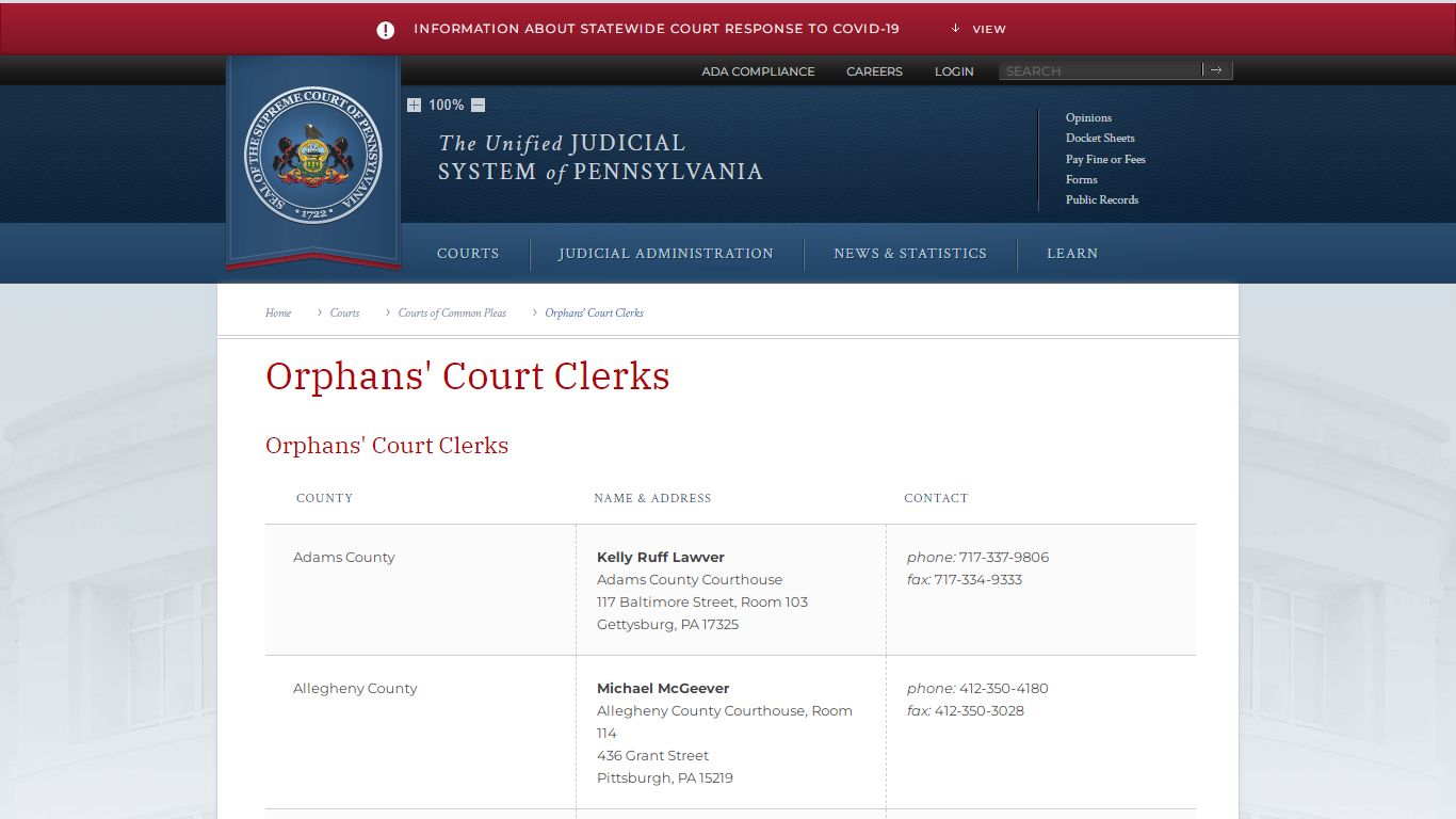 Orphans' Court Clerks | Courts of Common Pleas - Judiciary of Pennsylvania